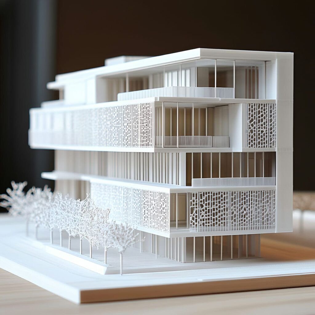 Maqueta arquitectónica de edificio en blanco