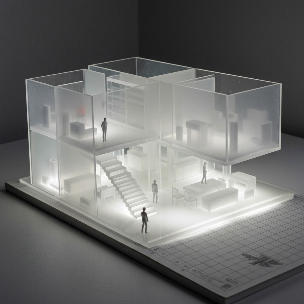 Maqueta arquitectónica translúcida iluminada, impresa en resina transparente por Volumen 3D en CDMX